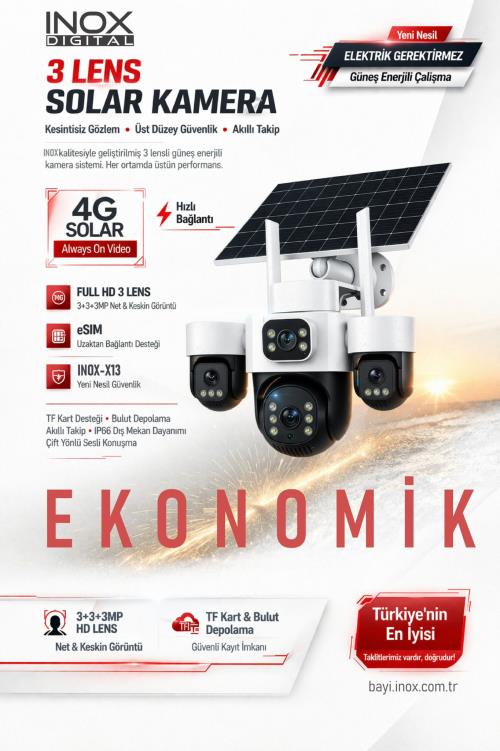 INOX-X13 3LENS 4G ESİM SOLAR KAMERA 2+2+2 MP 1920X1080 Ses algılama 20Mt Solar Panel+ Dahili Batarya